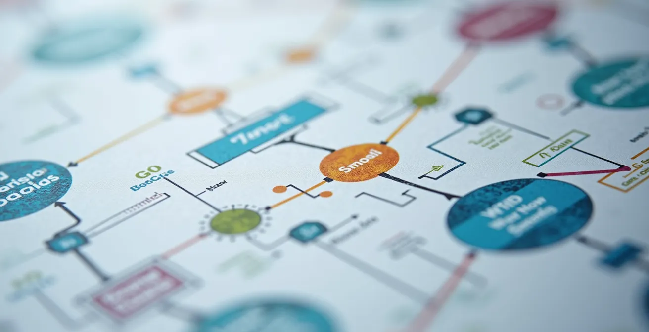 Vue macro d'un workflow de lead nurturing avec branches conditionnelles colorées