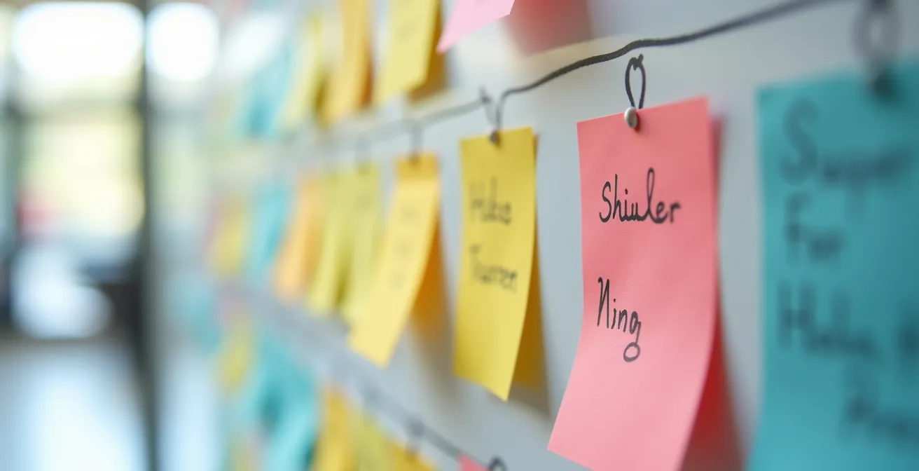 Tableau Kanban physique avec post-its colorés représentant le flux de production de contenu