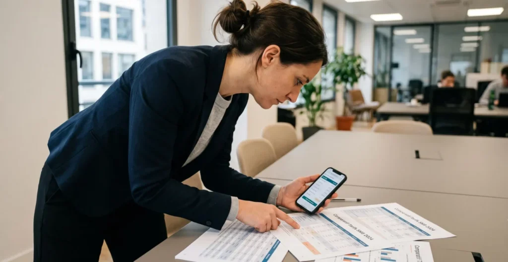 Responsable marketing comparant les tarifs de SMS sans abonnement avec des documents et son smartphone sur une table de réunion Responsable marketing comparant les tarifs de SMS sans abonnement avec des documents et son smartphone sur une table de réunion